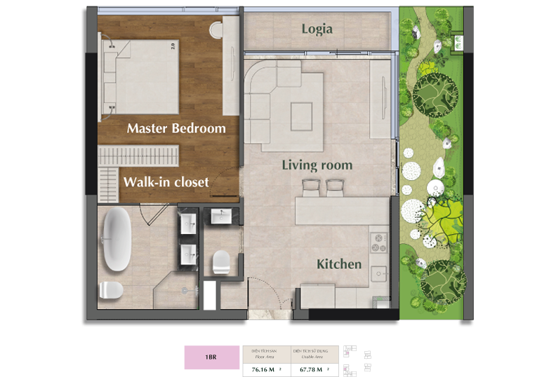 Layout căn hộ 1  phòng ngủ Sarene Residence