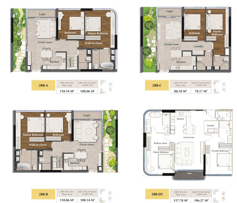 Layout căn hộ 2  phòng ngủ Sarene Residence