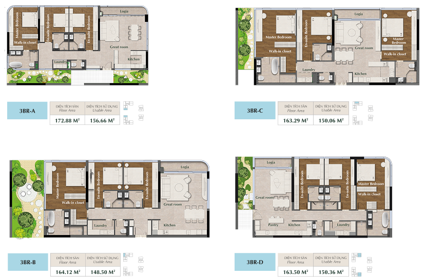 Layout căn hộ 3  phòng ngủ Sarene Residence