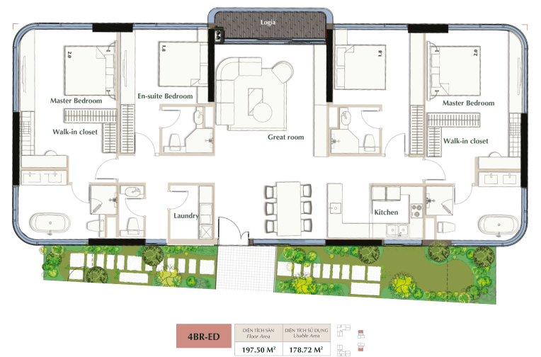 Layout căn hộ 4  phòng ngủ Sarene Residence