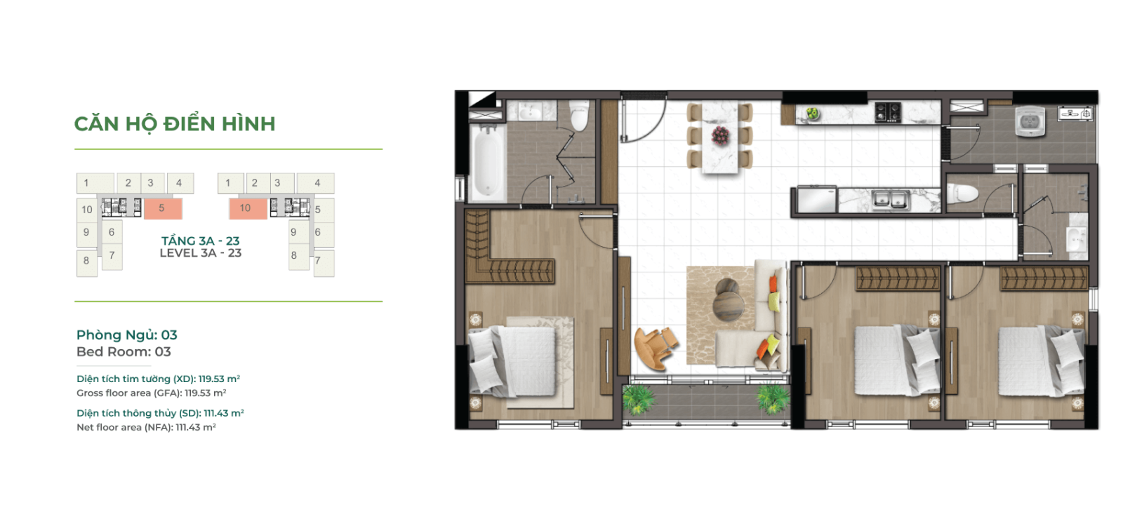 Thiết kế căn hộ 3 phòng ngủ Essensia Sky Nam Sài Gòn.